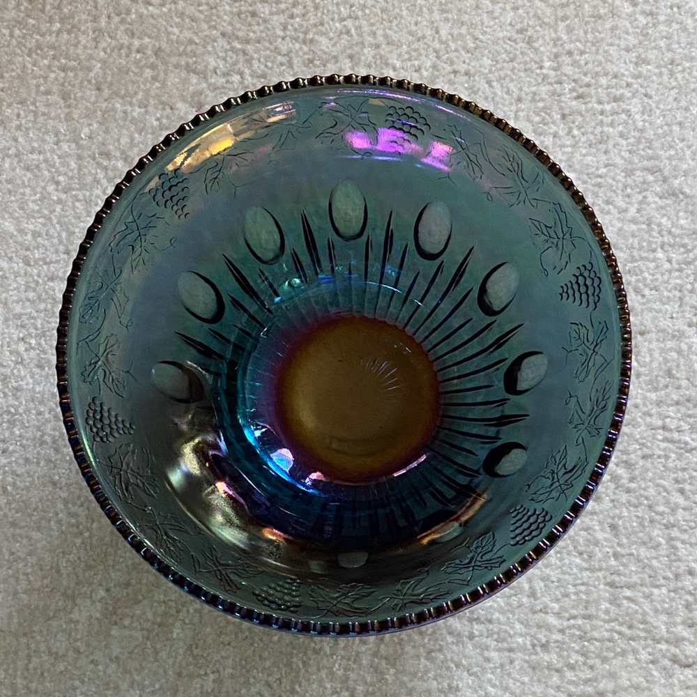 Iridescent Carnival Glass Decorative Punch Bowl Blue Green - Picture 12 of 15